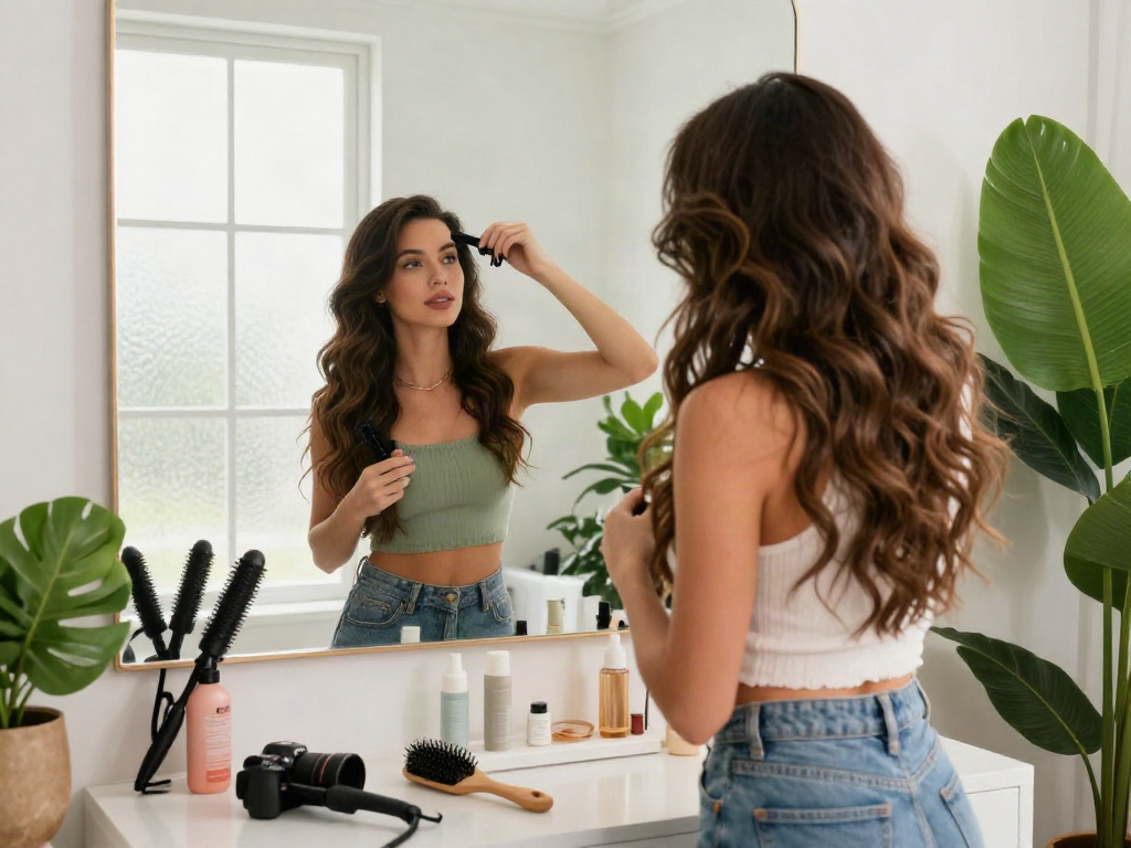 Woman styling human hair clip in extensions in a modern bathroom with beauty products and a mirror.
