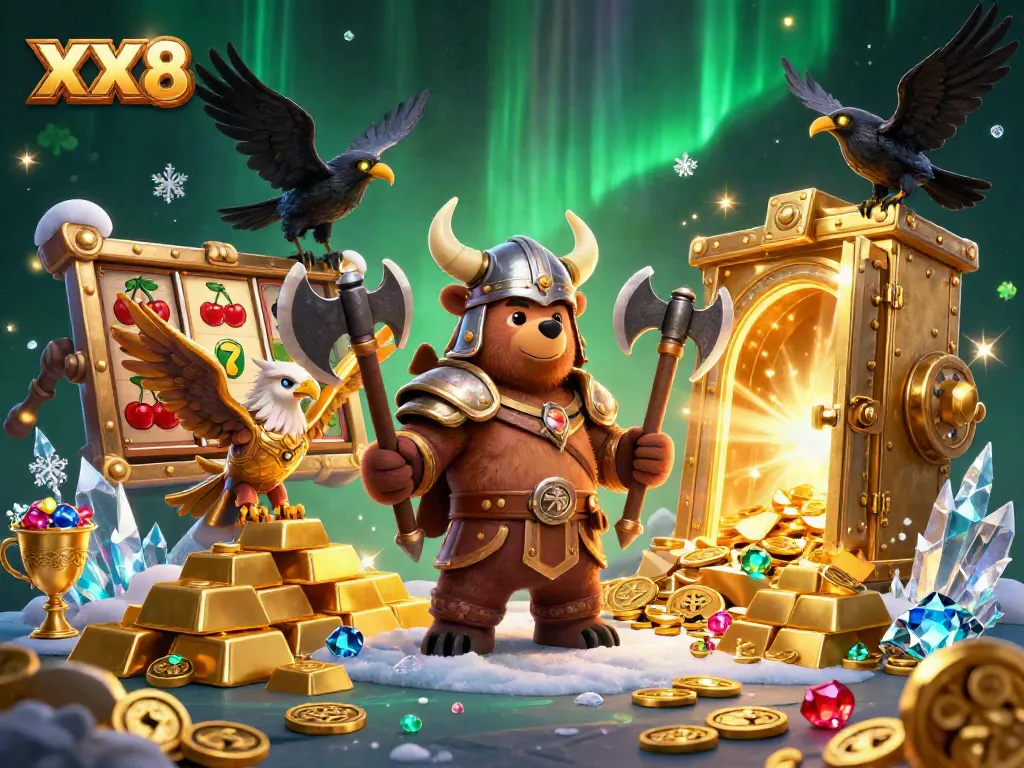 Engage in the excitement of XX 8 slot adventures with a vibrant Viking illustration full of treasures.