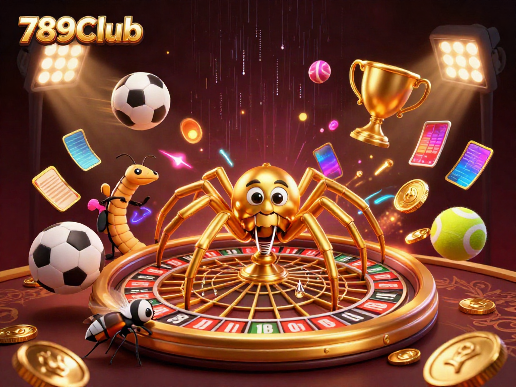 Immerse in the 789Club experience with a golden spider croupier spinning a roulette web.