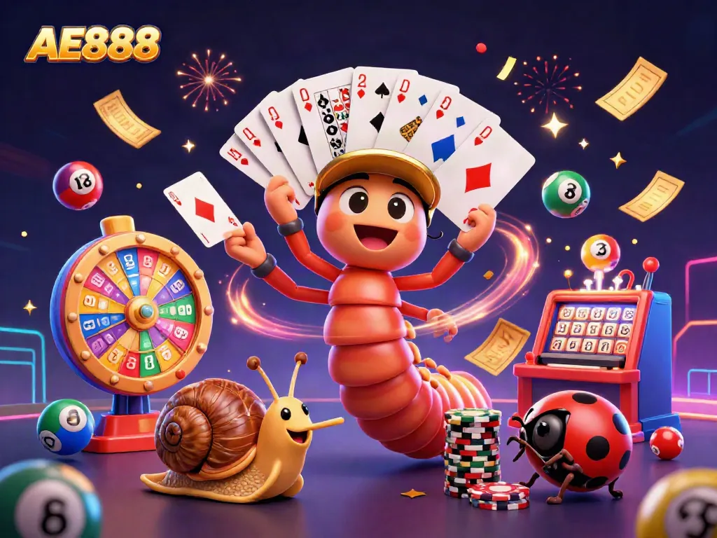 Experience the excitement of AE888 with a vibrant casino scene featuring lively characters and game elements.