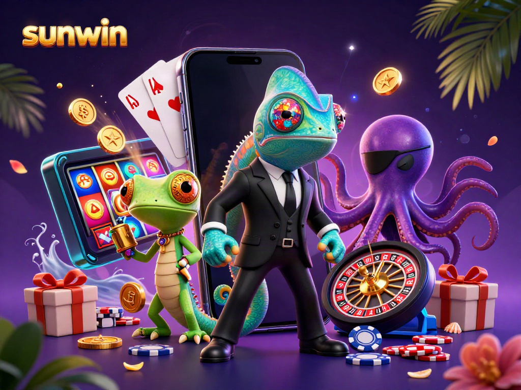 Experience thrilling gaming with the sunwin platform featuring a vibrant chameleon agent and his gadget-savvy gecko.