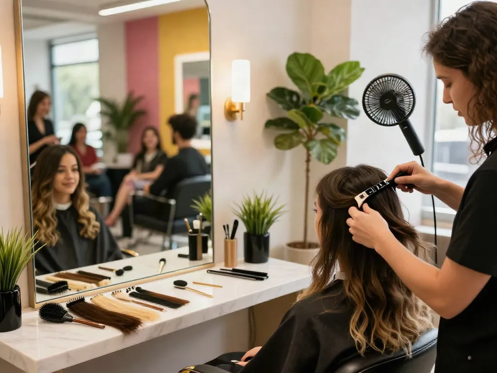Client getting clip in hair extensions applied in a chic beauty salon, showcasing vibrant colors and tools.