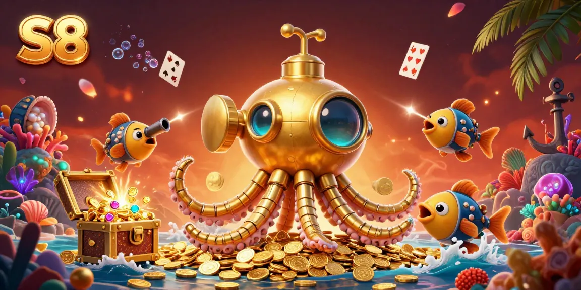 Experience the thrill of S8 with a golden kraken submarine emerging from coins in this vibrant casino illustration.