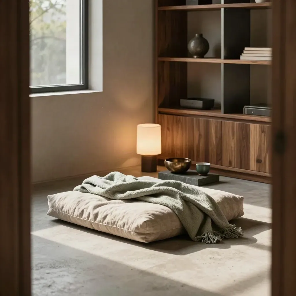 Calm home office reset corner with cushion, blanket, stone tray and lamp after coaching.