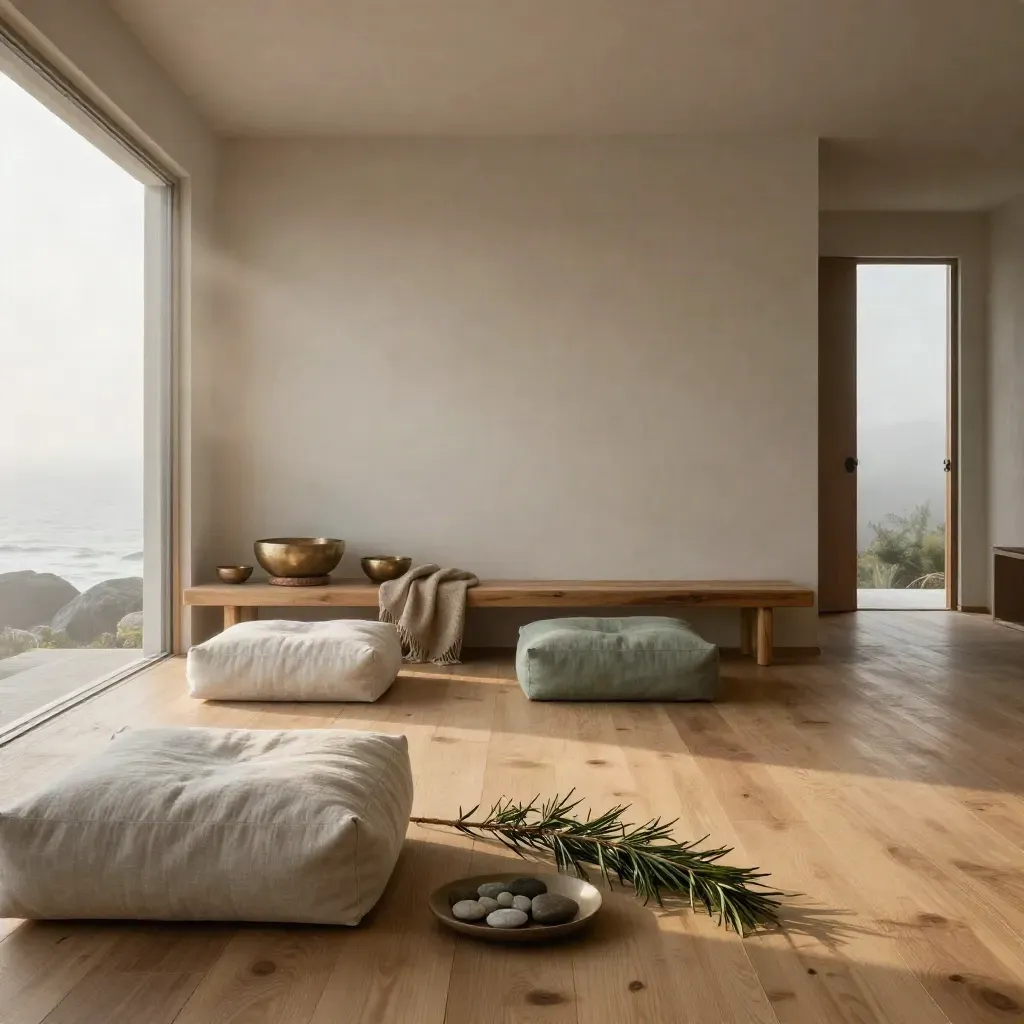 Medidation loft with zafus, brass bowls, blankets, cedar branch, and sunrise mist.