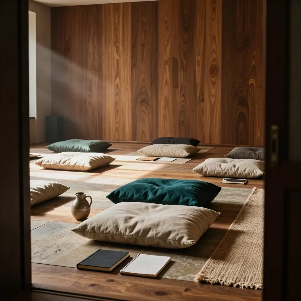 Moody workshop room with floor cushions, tea carafe, notebooks, and teal accents in sunbeams.