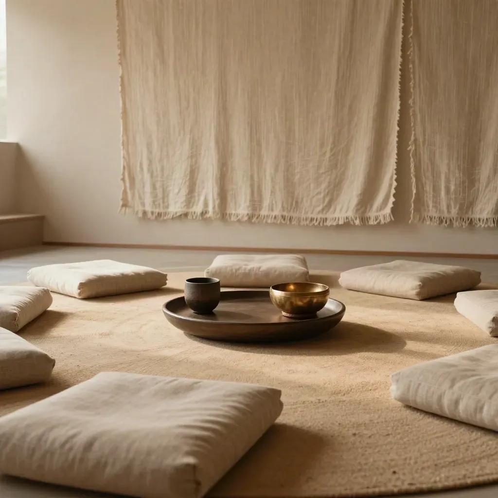Meditation studio circle with sand cushions, ceramic tea tray, brass bowl, and linen wall textures.