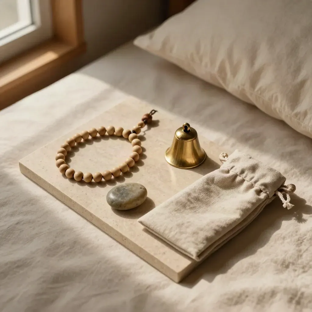 Top-down bedside meditation kit with mala beads, brass bell, pocket stone, and linen pouch.