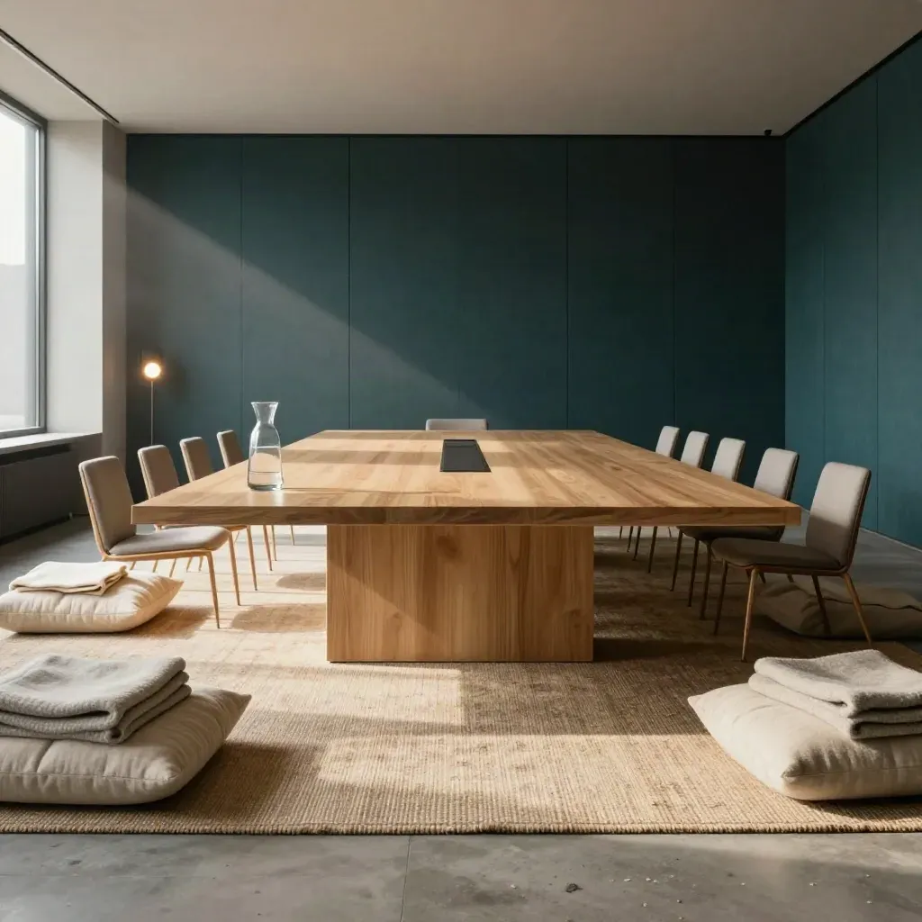 Empty glass-walled pause room with cushions, carafe, acoustic panels and late-afternoon light.