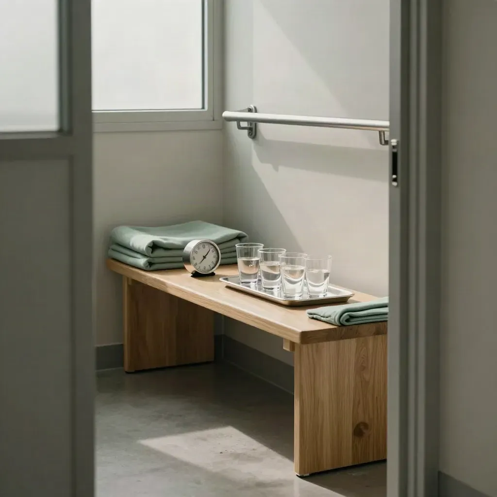 Clinic break alcove with blankets, timer and water cups in a calm hallway nook.