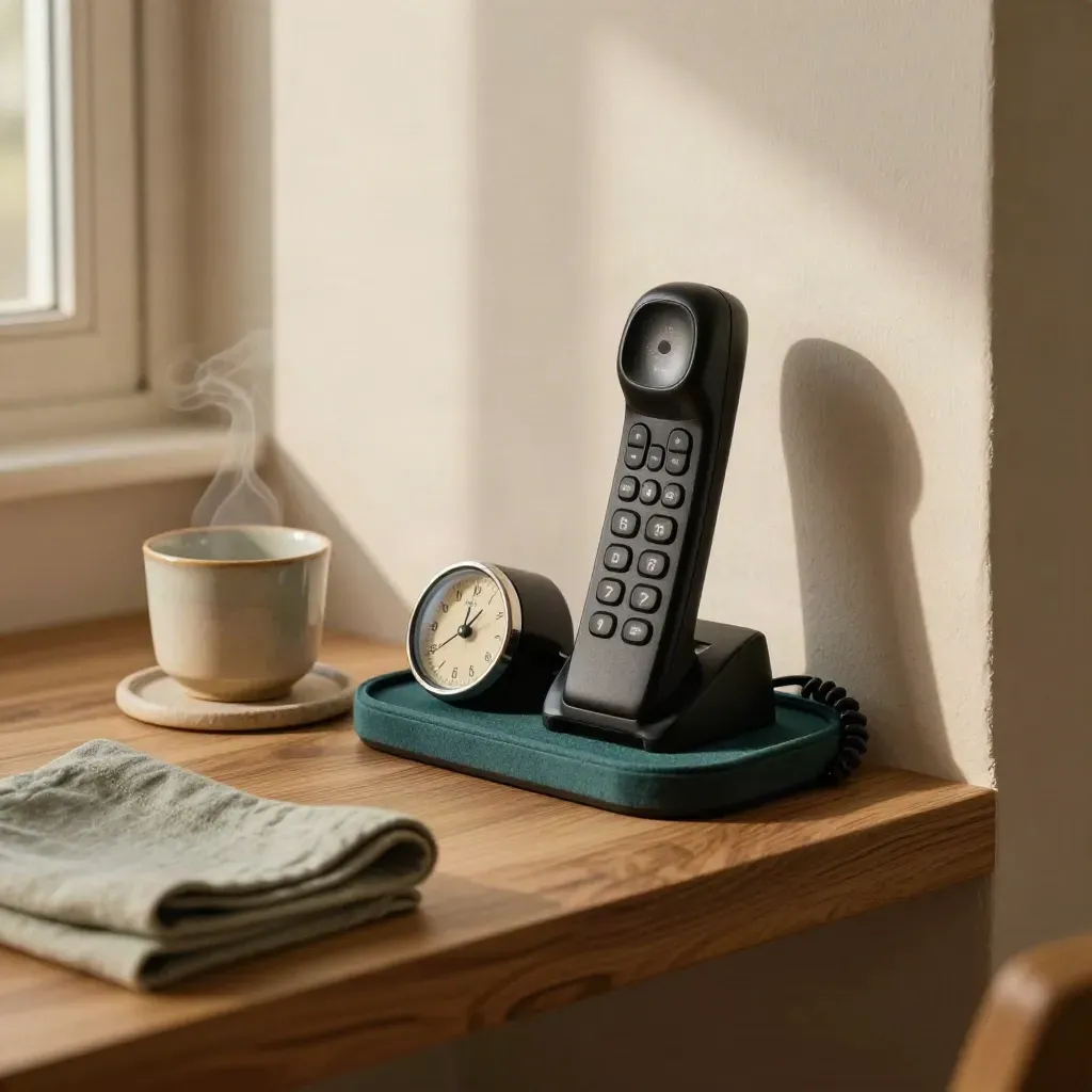 A tidy mindfulness call nook with phone cradle, timer, stone coaster and ceramic cup in warm window light.