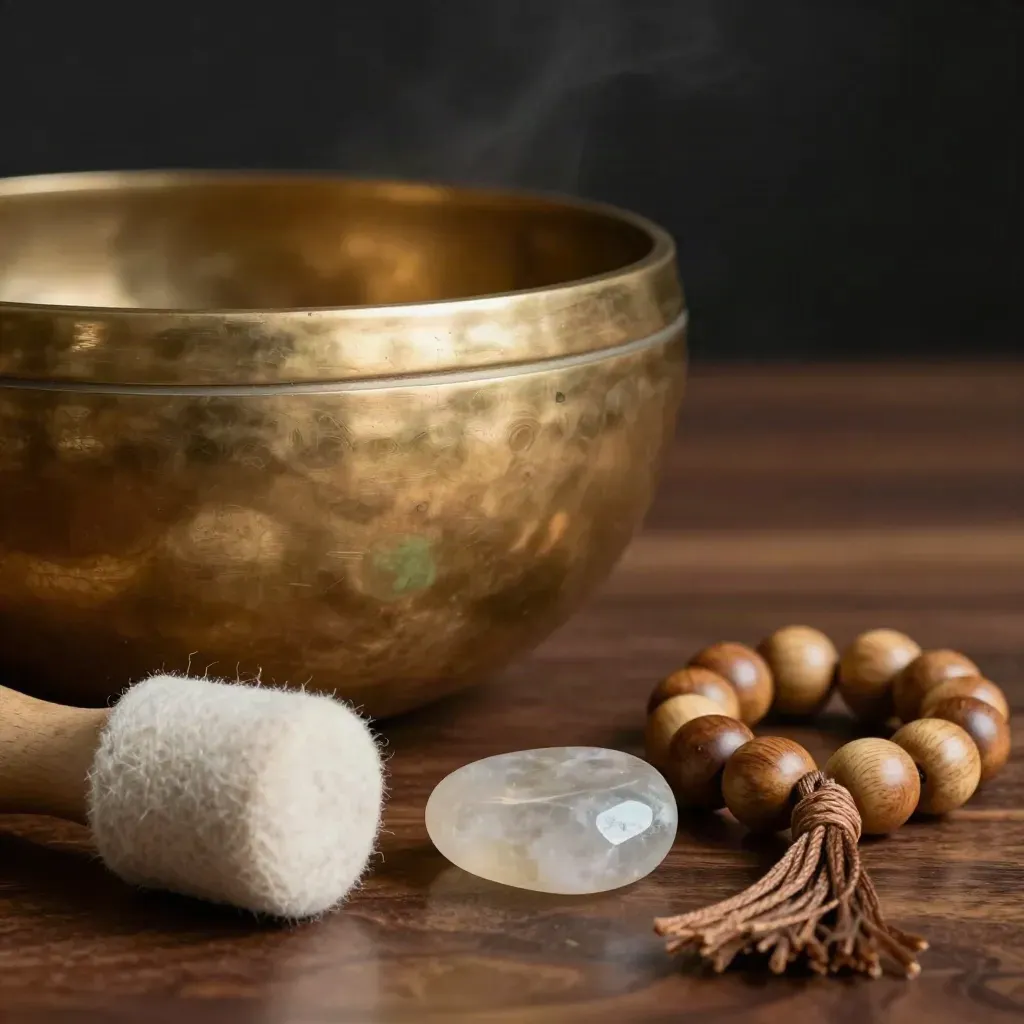 Macro still life of brass singing bowl, felt striker, quartz stone and cedar mala on dark walnut.