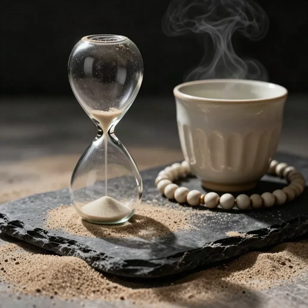 Dramatic still life of an hourglass, ceramic cup, and breath beads on a sand-dusted black stone slab.