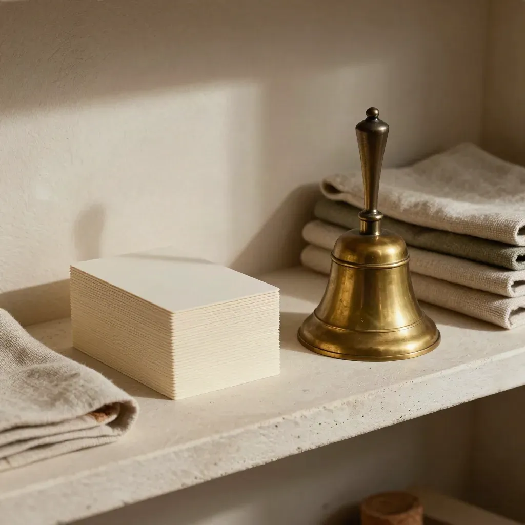 Workshop cards, brass bell, and folded linen swatches on a plaster shelf in soft light.