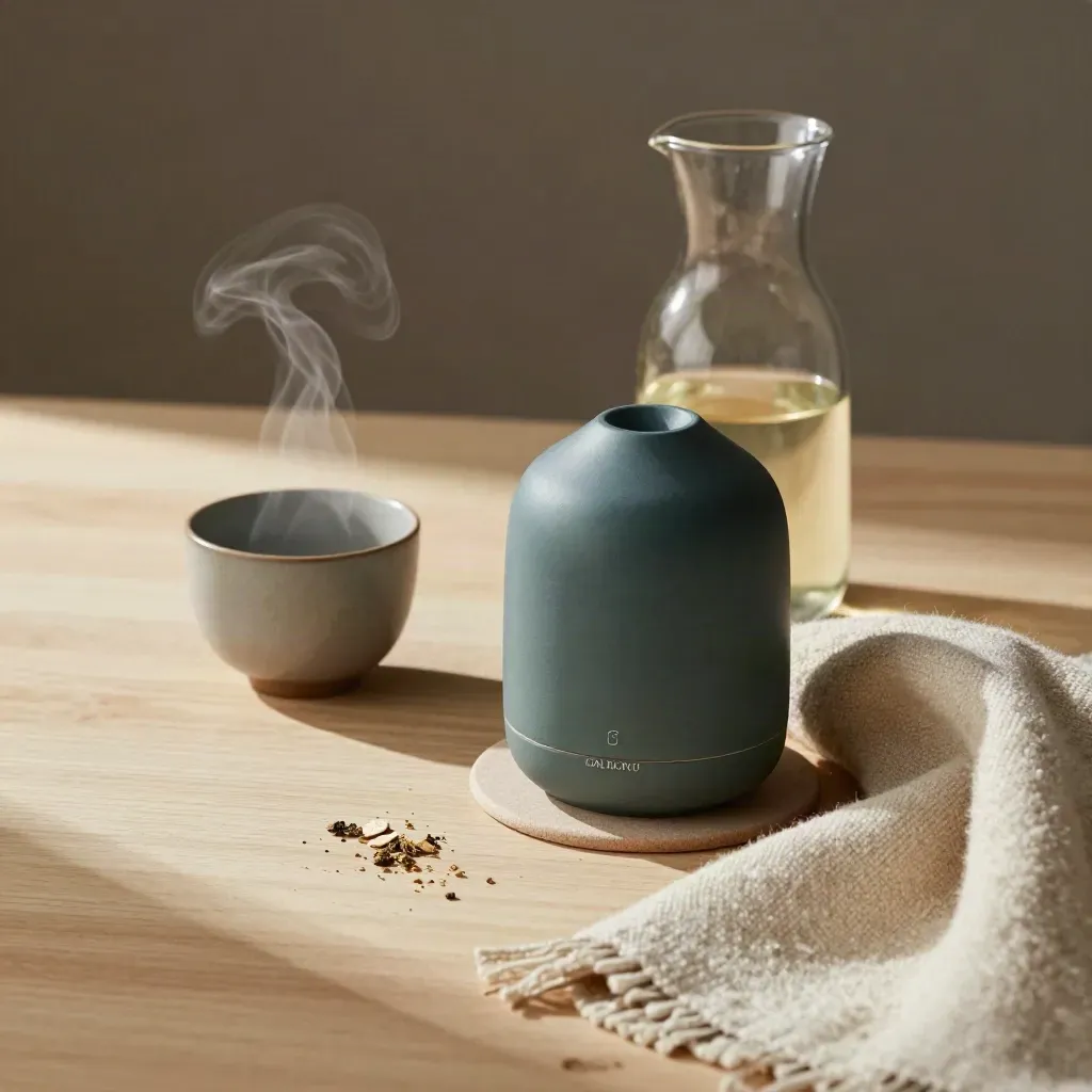 Steaming cup, stone diffuser, carafe and folded blanket on pale oak in warm ritual light