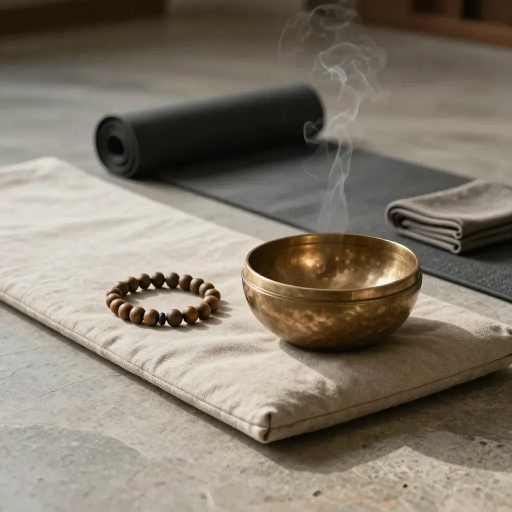 Meditation cushion, beads, singing bowl, and rolled mat on a stone tray with soft steam
