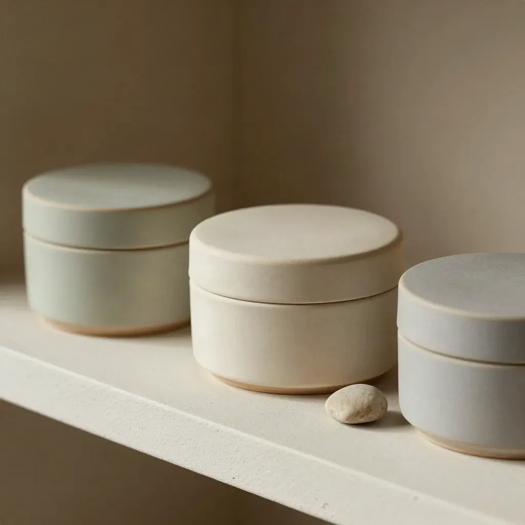 Three matte ceramic plan boxes and a pebble on a plaster shelf, softly lit from one side.