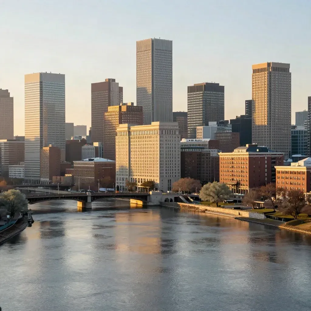 Boston skyline glowing above the Charles River at golden hour with calm water foreground.