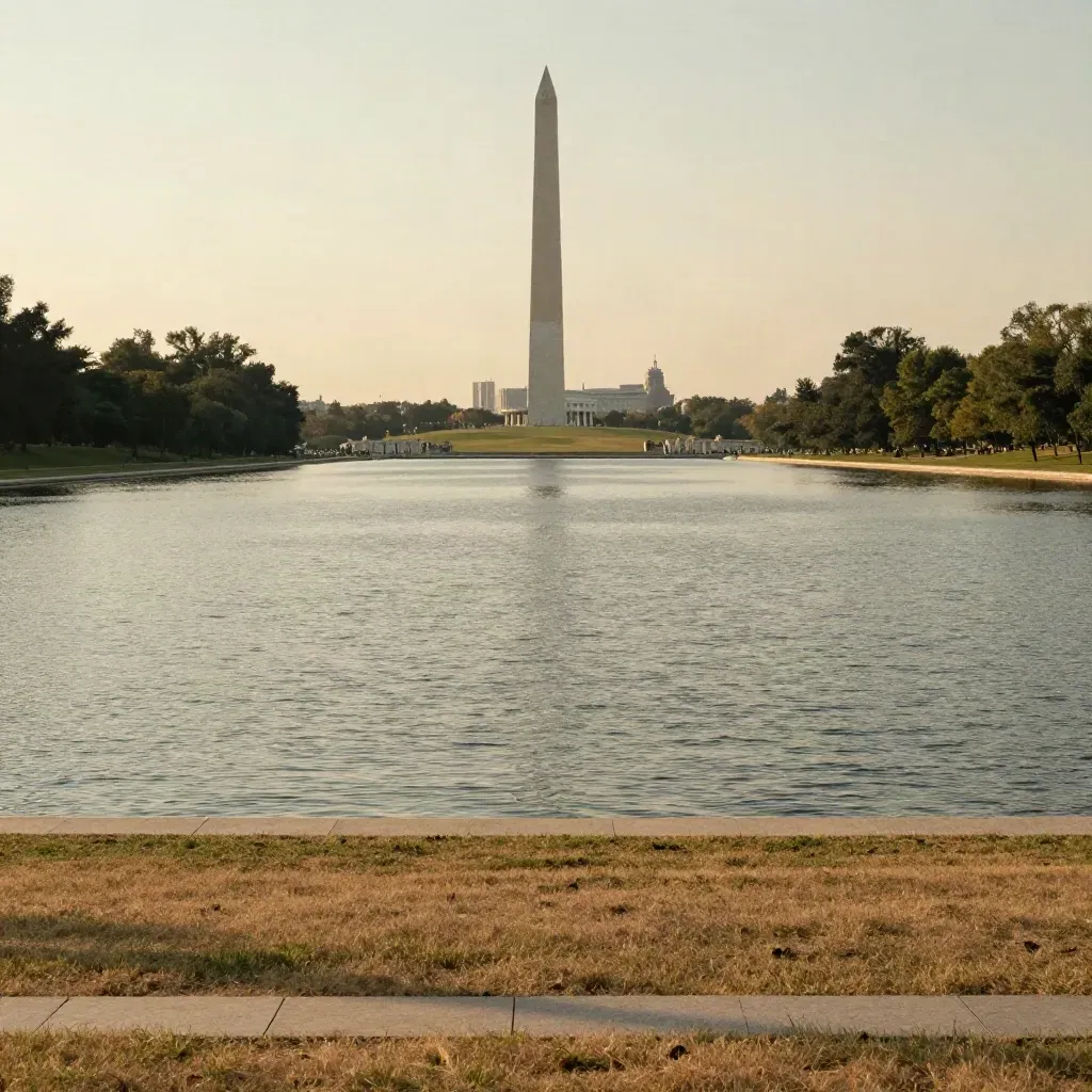 Hazy evening view of Washington DC across the Potomac with the monument core high above calm water.