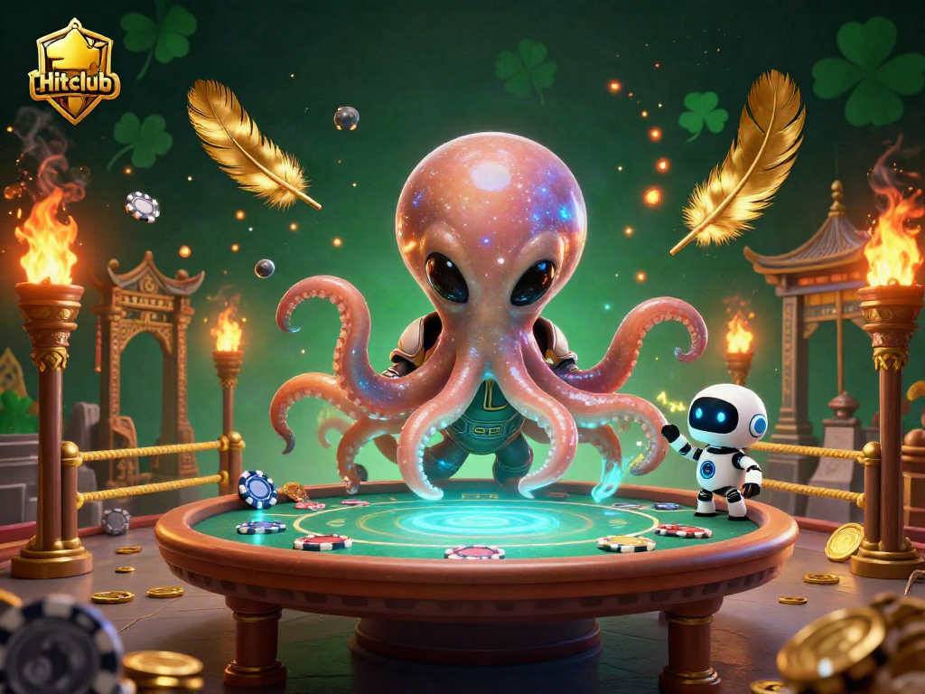 Engage in thrilling poker adventures at Hitclub featuring a vibrant alien octopus and robot companions.