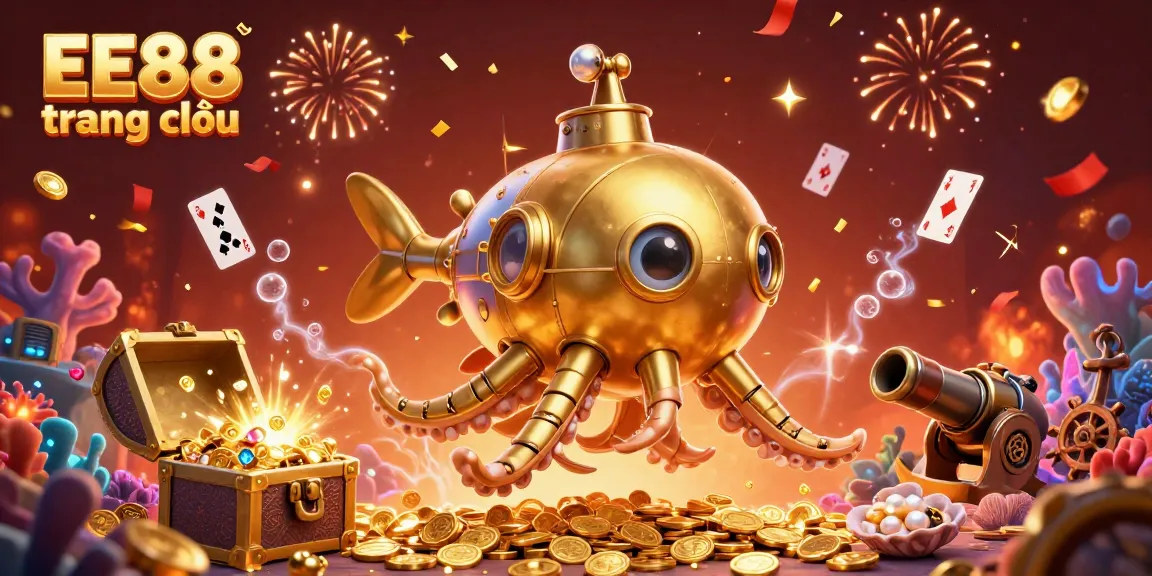 Experience vibrant casino action with EE88 trang chủ featuring a golden kraken submarine and mechanical fish amidst treasures and confetti.