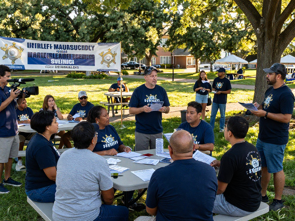 Vibrant community engagement for sheriff campaign marketing in a park with enthusiastic voters and campaign materials.