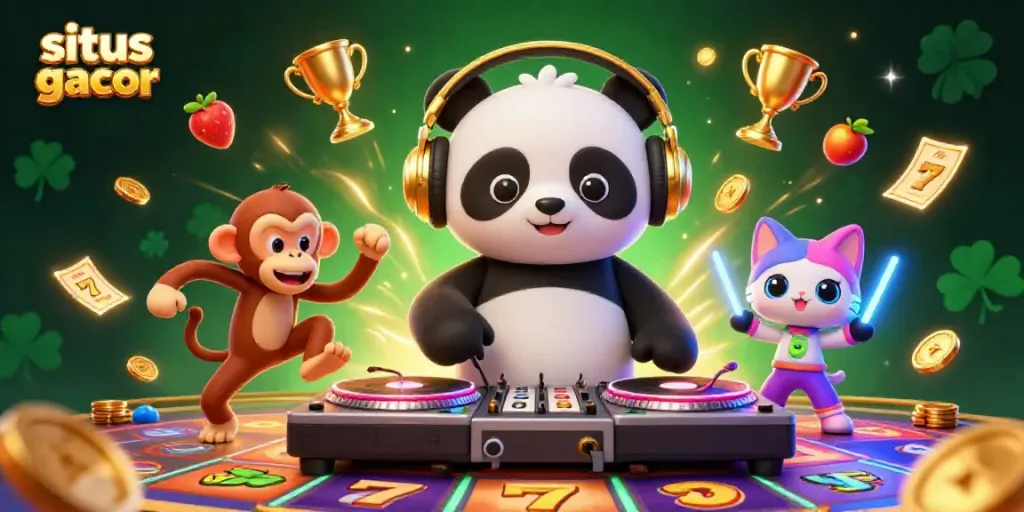 Engage in thrilling gaming at situs slot gacor with a lively DJ panda, dancing monkey, and glow-stick kitten.