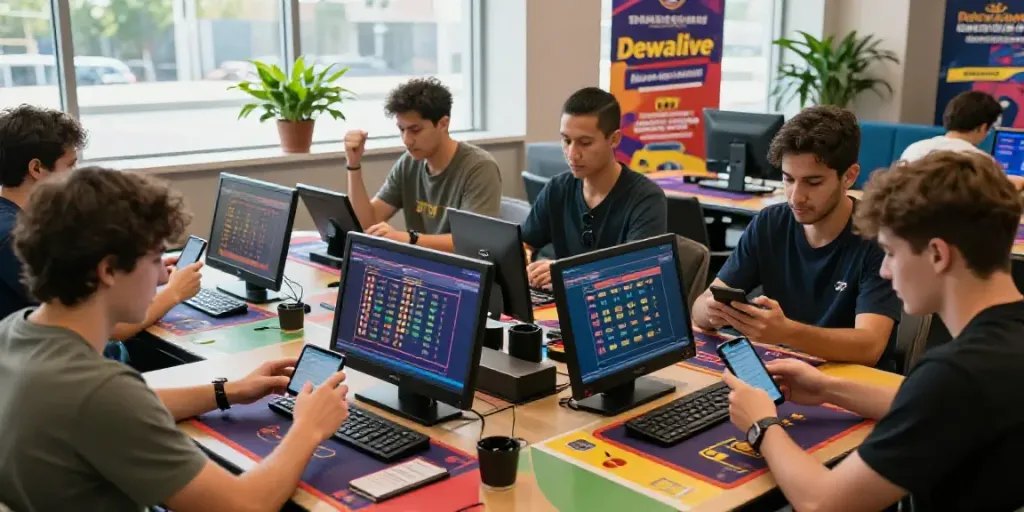 Dewalive betting enthusiasts enjoying a vibrant gaming lounge, engaging with mobile devices and celebrating wins.