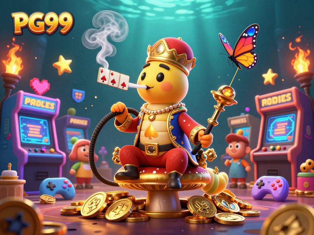 Play interactive games at PG99 with a vibrant cartoon scene featuring a hookah-master and casino elements.