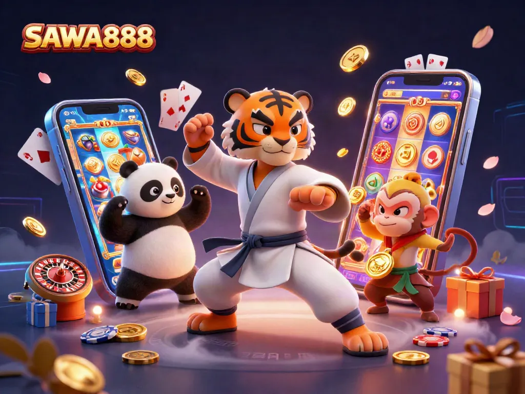 Experience thrill with SAWA888 featuring a kung fu tiger, panda disciple, and a monkey in a colorful casino scene.