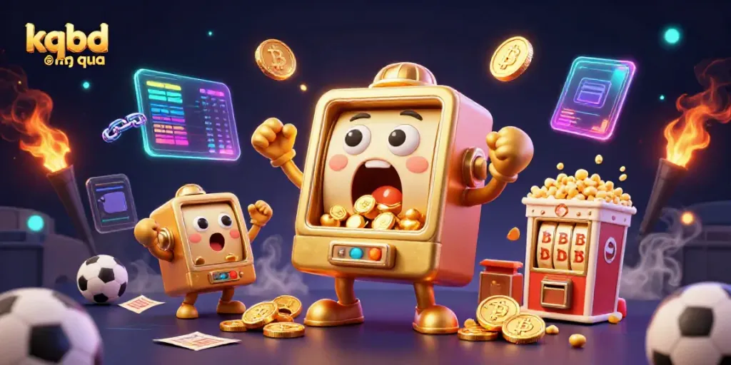 Experience the thrills of kqbd đem qua as a golden slot machine celebrates its jackpot, cheering smaller machines, and sports elements surround
