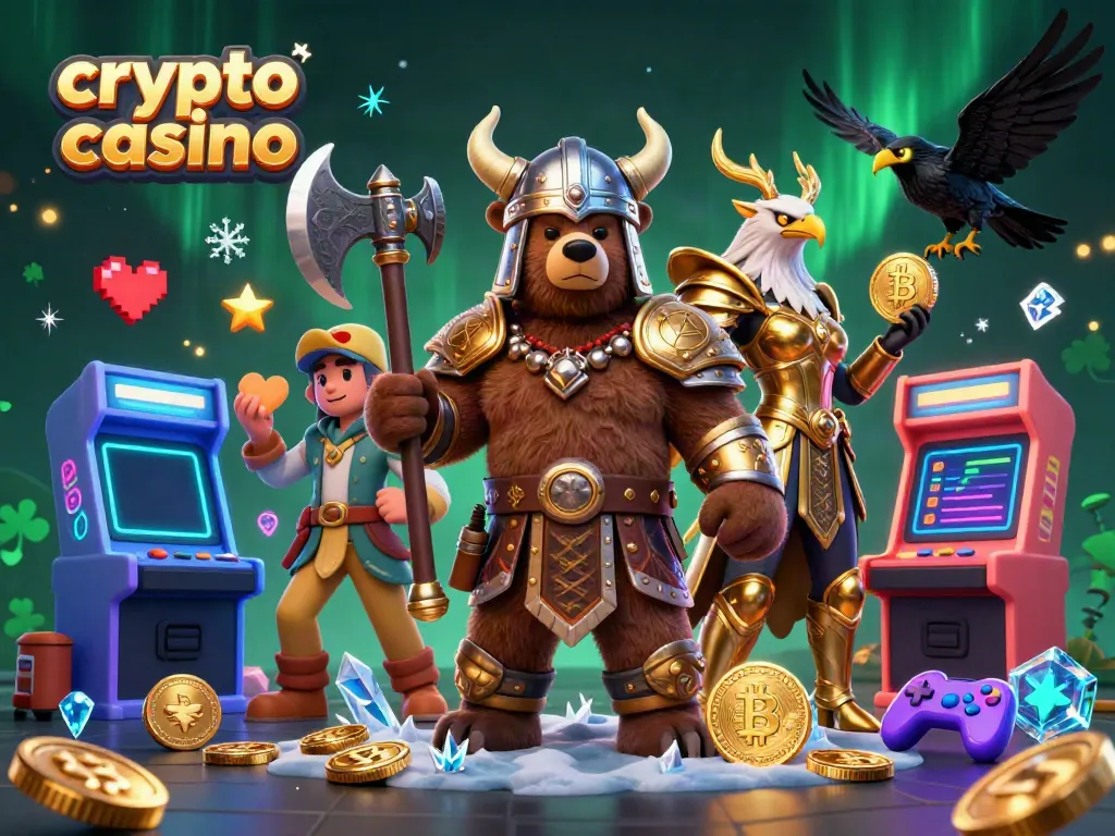 Engage in thrilling games at a vibrant crypto casino featuring Viking themes and blockchain graphics.