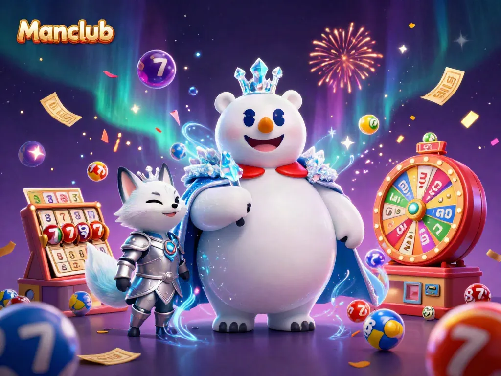 Join the excitement at Manclub with vibrant lottery elements and a polar bear king and fox companion.
