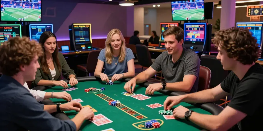 Exciting debet gambling scene showcasing players immersed in action with colorful chips and screens.