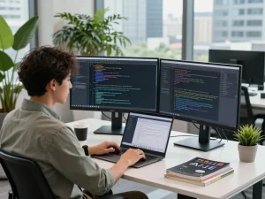 AI engineer developing sex AI algorithms in a modern workspace with code displayed on dual monitors.