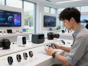 Explore the latest tech gadgets 2102 in an engaging tech showroom highlighting innovative designs and user interaction.