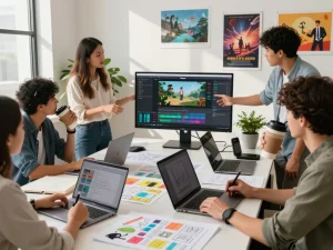 Creative team exploring kling 2.14 features in a vibrant studio environment, showcasing innovative video production techniques.