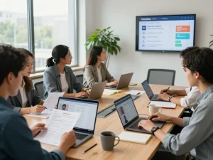 Recruiters at temporary staffing agencies collaborating over candidate profiles in a bright office.