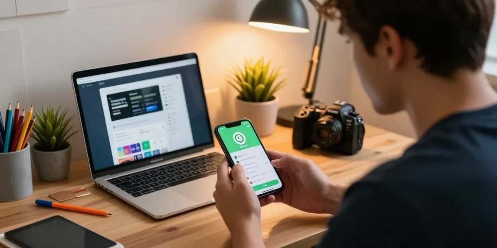 Explore GB WhatsApp features on smartphone in a stylish workspace