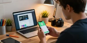 Explore GB WhatsApp features on smartphone in a stylish workspace