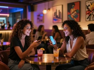 Friends engaging with porn ai chat at a vibrant lounge bar, showcasing social AI interactions.