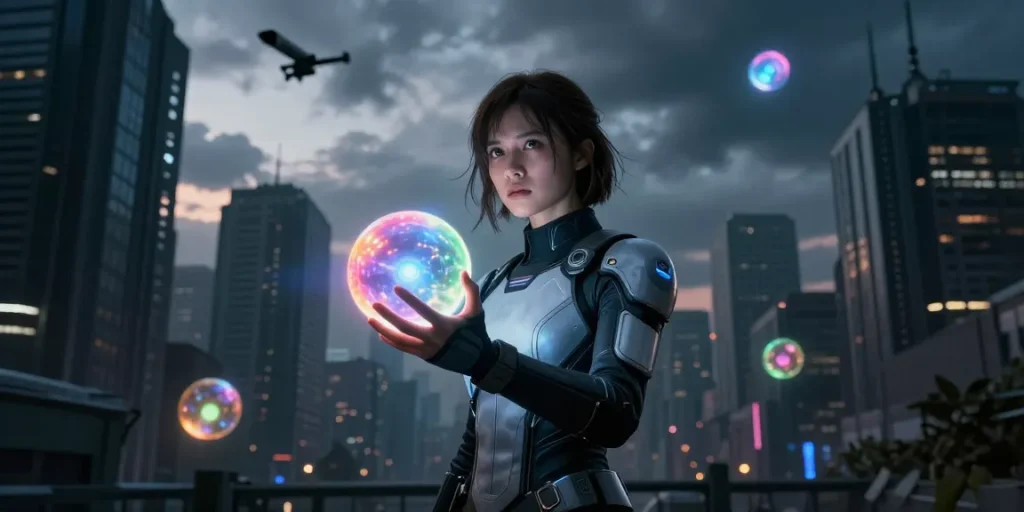 Emma Thorne defying authoritarian government control, holding a glowing emotion orb in a dark urban landscape.