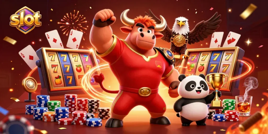 Experience thrilling slot action with a vibrant scene featuring a muscular bull mascot and lucky symbol elements.
