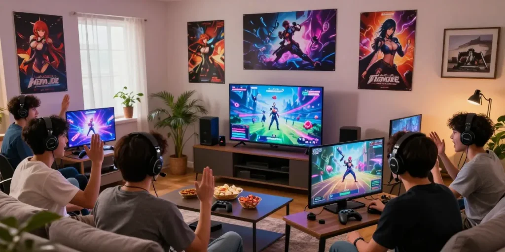 Players enjoying immersive hentai games in a vibrant gaming room with snacks and controllers.