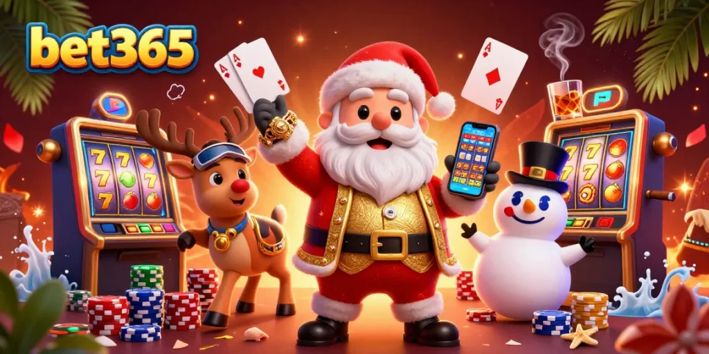 Experience thrilling slots at bet365 with a dynamic casino scene featuring Santa Claus and friends.