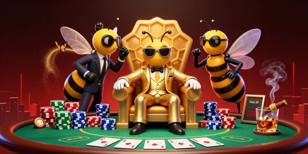 Experience thrilling gaming adventures as 3333BET’s cartoon bee mob boss presides over a vibrant poker scene.