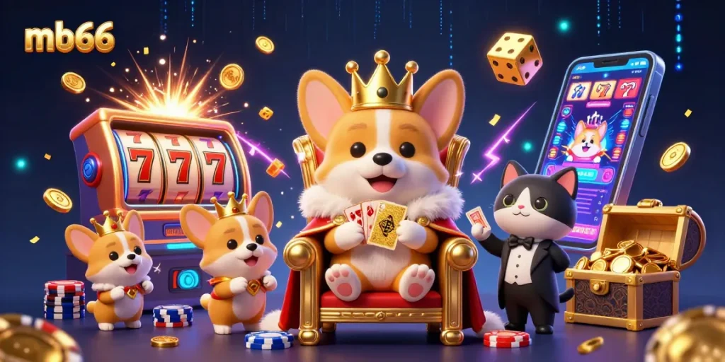 Experience mb66 thrills with a royal corgi and vibrant casino game elements in this animated scene.