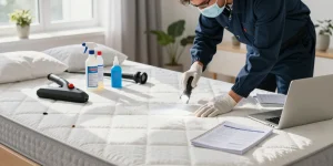 Expert bed bug removal in a bright bedroom with an exterminator inspecting the mattress.