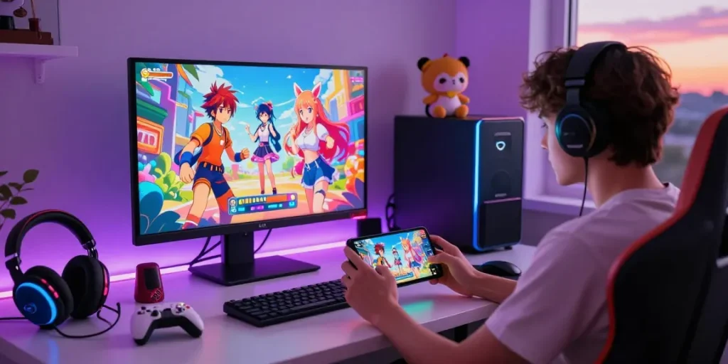 Play mobile hentai games in a colorful gaming setup with anime character graphics and dynamic lighting.