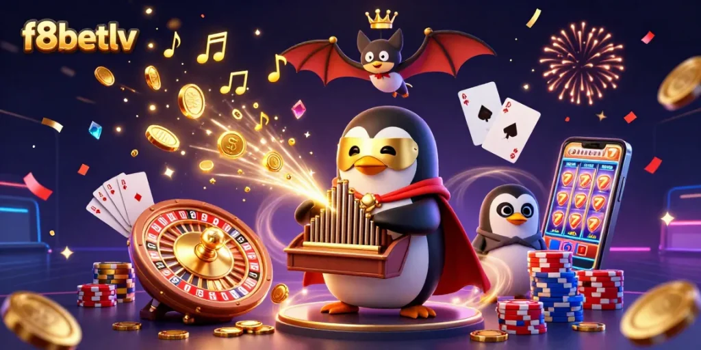 Experience the excitement of f8betlv with a thrilling scene of a penguin playing an organ amidst gold coins and a roulette wheel.